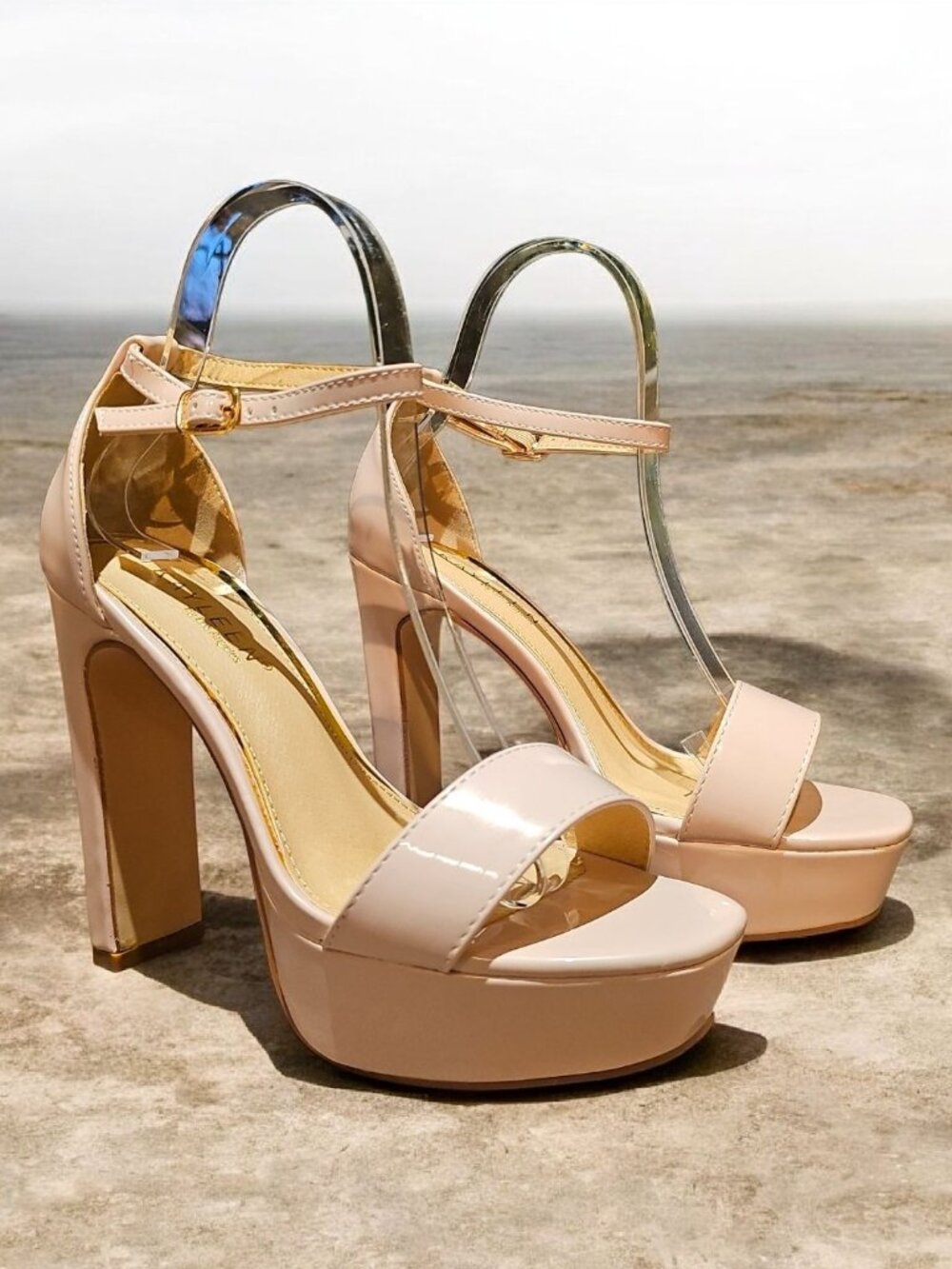 Nude Patent Leather Platform High Heel Sandals With Ankle Strap